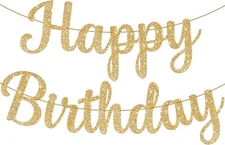 KatchOn, Glitter Gold Cursive Happy Birthday Banner - Pre-Strung, 10 