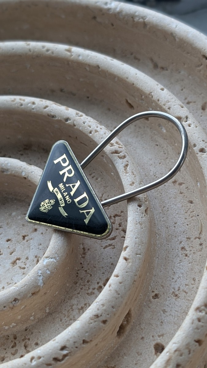 Vintage Prada Milano Black Silver Triangle Logo Metal Keychain Bag