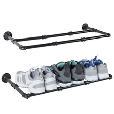 Entryway Black Metal Pipe Shoe Racks, Wall Mounted Footwear Storage, Set of 2