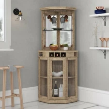 Mini Bar Corner Liquor Cabinet Wine Storage Stemware Rack Dining Room Rustic Oak