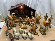 22 Pc Antique Nativity Set Gypsym Chalkware Figurines & Lighted Manger TMOC 1937