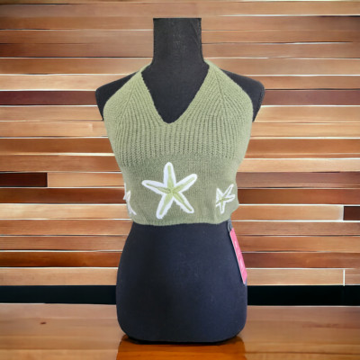 ROMWE Green Knit Stars Sleeveless Tie Back CropTop, Size Small