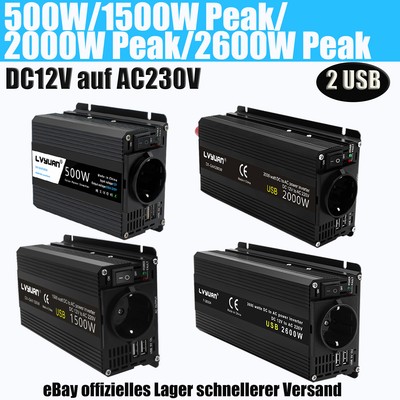 500W 1500W 2000W 2600W Wechselrichter 12V auf 230V Spannungswandler 2USB Schwarz