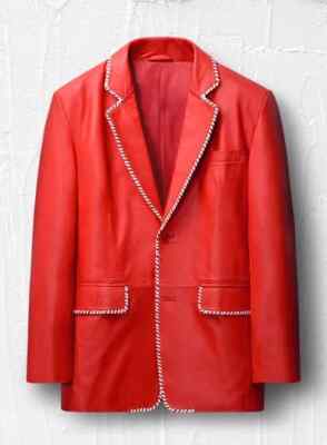 Urban Men's Red Genuine Lambskin Leather Blazer Slim Fit Custom Made Coat Blazer