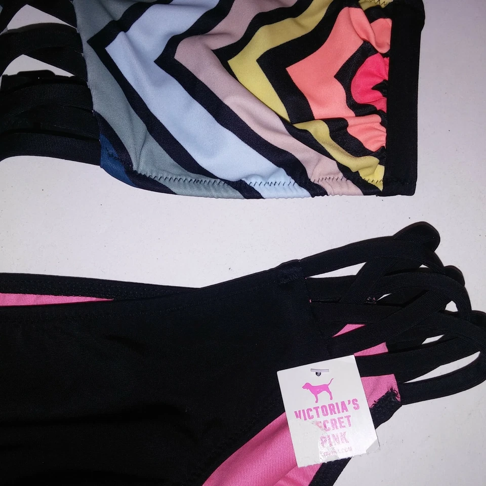 Bikini de natación Victoria Secret ROSA parte superior e inferior negro colorido a rayas bandeau Foto 3 de 4