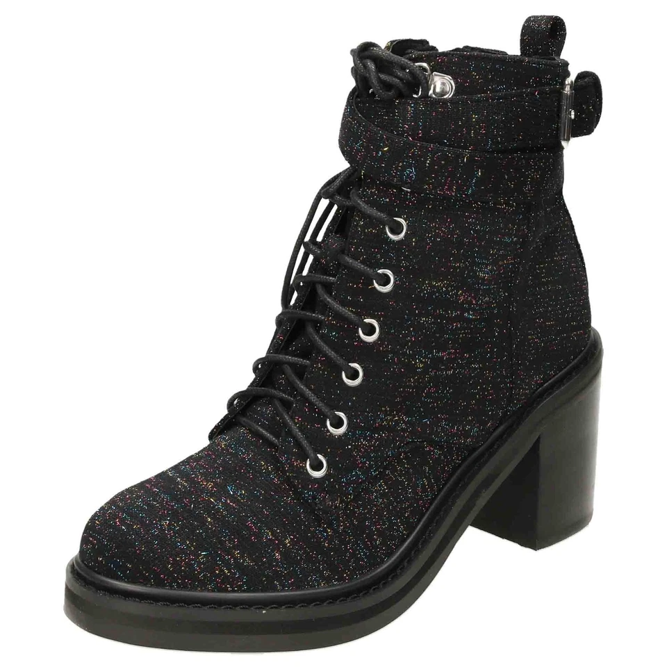 Damas Negro Brillo Botines Reino Unido 5 Zapatos de Tacón Alto con Cordones Gruesos A498 Foto 2 de 4