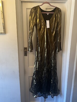 New OLIVIA RUBIN Gold Long Fluted Sleeve Midi V-Neck Slip Style Long  Dress,UK 12 UK