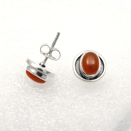 925 Silver Oval Shape Red Natural Carnelian Gemstone Post Stud Earrings Gift - Picture 3 of 8