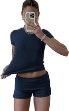 ZFLM Women's Casual Workout 2 Pc Set Crop Top  High Waist Shorts Navy Blue XL