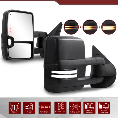 Pair Power Heated Tow Mirrors For 2007-2014 Chevy Silverado GMC Sierra 1500 LED