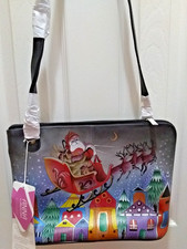 NEW Anna By Anuschka Hand Painted Leather Zip Up Santa Christmas Crossbody Purse