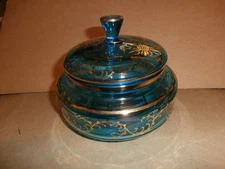Vintage Blue Glass Covered Candy Dish w/ Ornate Gold Trim