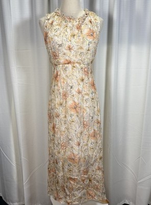 Le Ragazze Womens Sleeveless Midi Dress Size L Floral Silk Blend Lined Italy