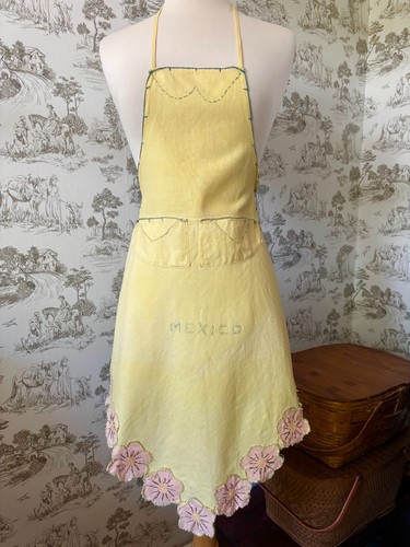 Vintage 50s Mexico Embroidered Apron Tie Waist Full Apron Floral Appliques Retro - Bild 6 von 9