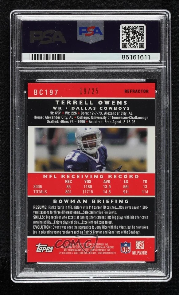 2007 Bowman Chrome Orange Refractor /25 Terrell Owens #BC197 PSA 9 MINT HOF - Image 2 of 2