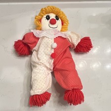 VTG Stuffed Clown Doll Medium Red  White Polka Dot Outfit Yarn Hair 15  