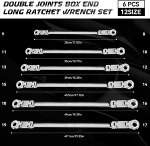 Double joint extra long Flex tête ensemble de clé à cliquet 6 PCS Métrique 8-19Mm