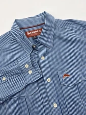 Simms Button Up Shirt Mens Small Blue Check Long Sleeve Outdoors Fishing Comfort