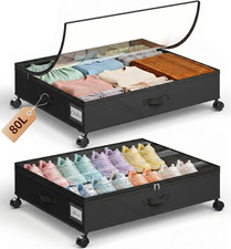 80L Large under Bed Storage Containers with Wheels, 2 Pack, Black 80L Capacity
