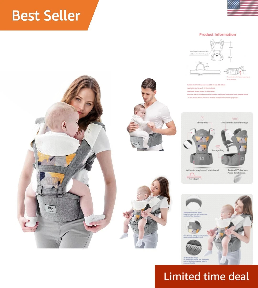 Multifunctional Baby Carrier - 6 Ways to Carry for 3-36 , Adjustable Size