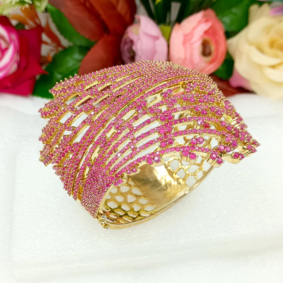 Luxurious Ruby Bangle Bracelet | Gold-Plated Bridal Cuff | Statement Jewelry for - Image 3 of 4