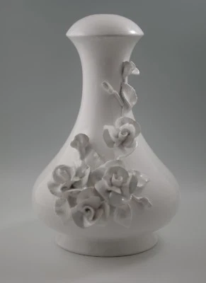 ITALY CERAMIC BLANC DE CHINE APPLIED ROSES HANDMADE LAMP BASE 13.1/2" VINTAGE