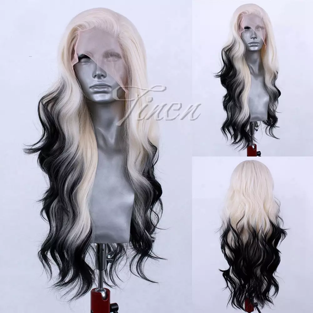 Black White Ombre Synthetic Lace Front Wig 2 Tone Colors Long Wavy