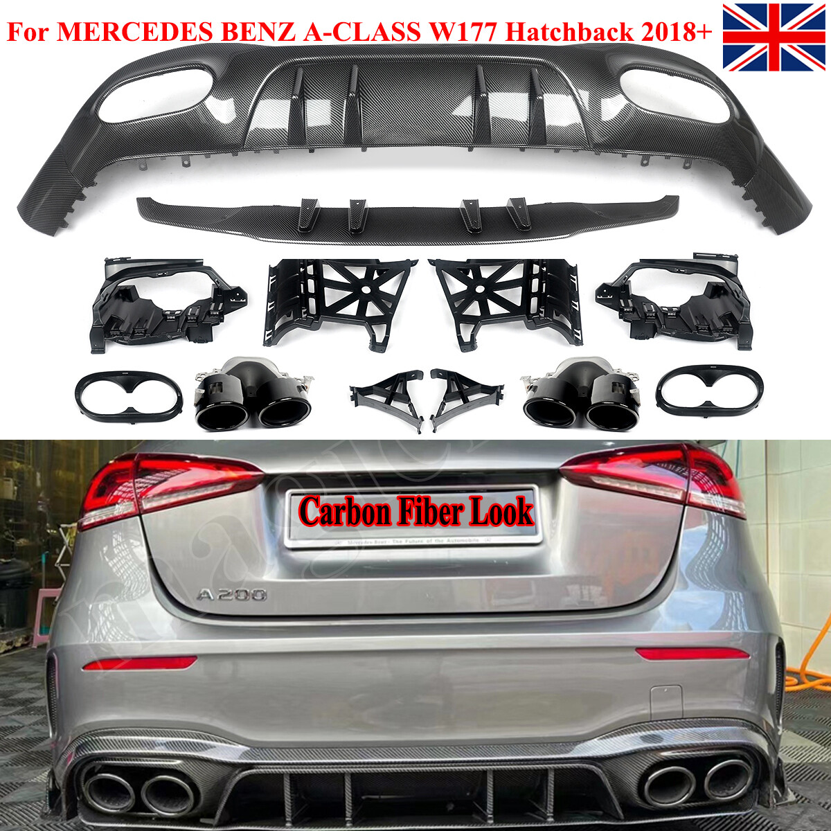 FOR MERCEDES A CLASS W177 AMG A45 A45S LOOK REAR DIFFUSER TAILPIPES CARBON LOOK