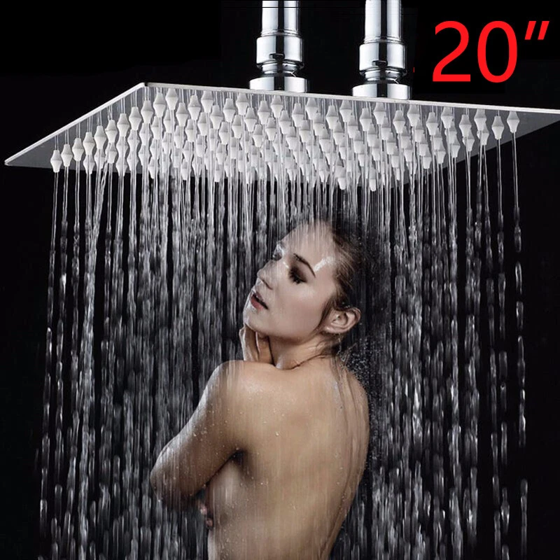 Bathroom Shower Head 20" Square Ultra-Thin Ceiling Mounted Rainfall Chrome Taps
