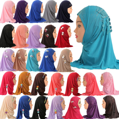 Muslim Kids Girls Turban Hijab Headscarf Instant Amira One Piece Khimar Hat 2-6Y - Picture 1 of 118