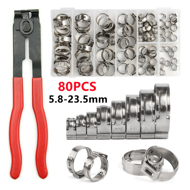 80pcs Hose Clamp Assorted Stainless Steel Ear Cinch Rings Crimp Pinch Plier Set
