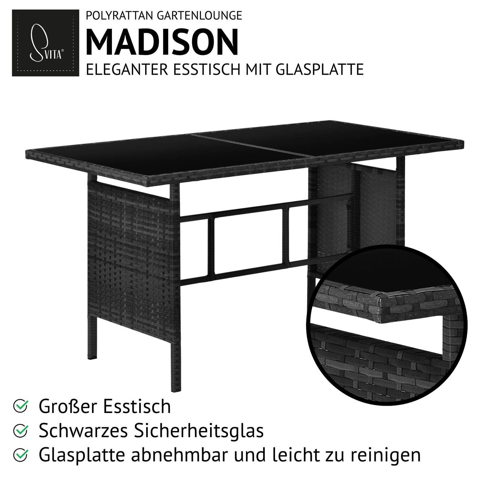 SVITA MADISON Rattan-Lounge Ecksofa Rattan-Lounge Gartenmöbel-Set Schwarz