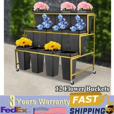 3-Tier Metal Flower Plant Display Stand Shelf w/ Wheels+12 Flower Buckets Black