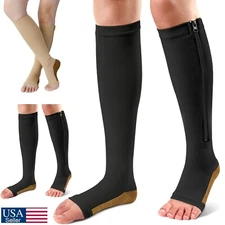 Women Men Copper Compression Socks Support Stockings Leg Calf Zipper Open Toe US