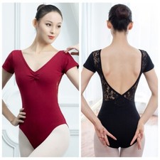 Lady Lace Leotard Backless Short Sleeve Dancewear Gymnastics Practice Ballet