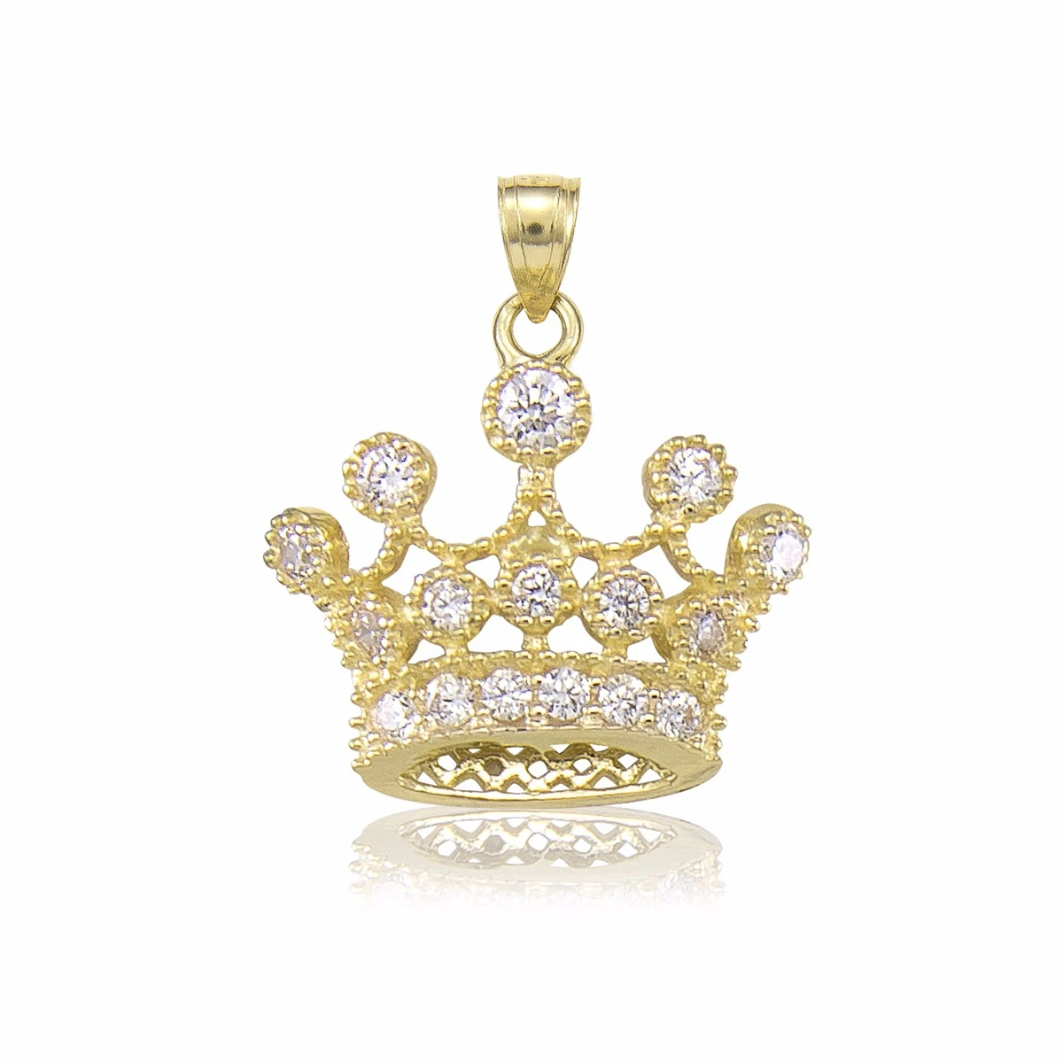 10K Solid Yellow Gold CZ Crown Pendant Cubic Royal Necklace
