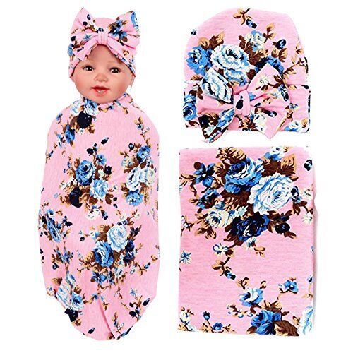1 Pack BQUBO Newborn Floral Receiving Blankets 1 Pack Classic Pink With Hat - Picture 2 of 7