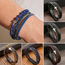 Fashion Mens Punk Leather Cross Beaded Volcanic Stone Bracelet Bangle Jewelry