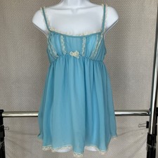 VTG Y2K Victoria's Secret Babydoll Slip Dress Lace Sheer Mesh Blue Coquette