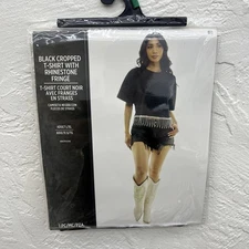 Costume, Female, Black Cropped T-Shirt w/ Rhinestone Fringe, Adult L/ XL NEW 