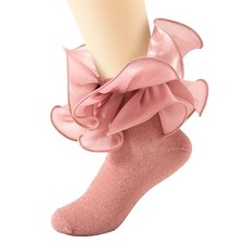 Girls Glitter Ruffle Ankle Socks Cute Kids Double 4-6 Years Peach Pink - 1 Pair