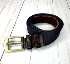 Vintage Etienne Aigner Leather  Cloth Belt Navy/Brown Brass Buckle 32 Inches