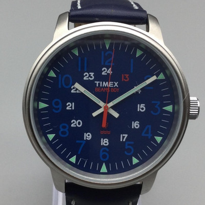 Timex X BEAMS BOY Watch Men 43mm Blue Dial Navy Leather Strap 50M
