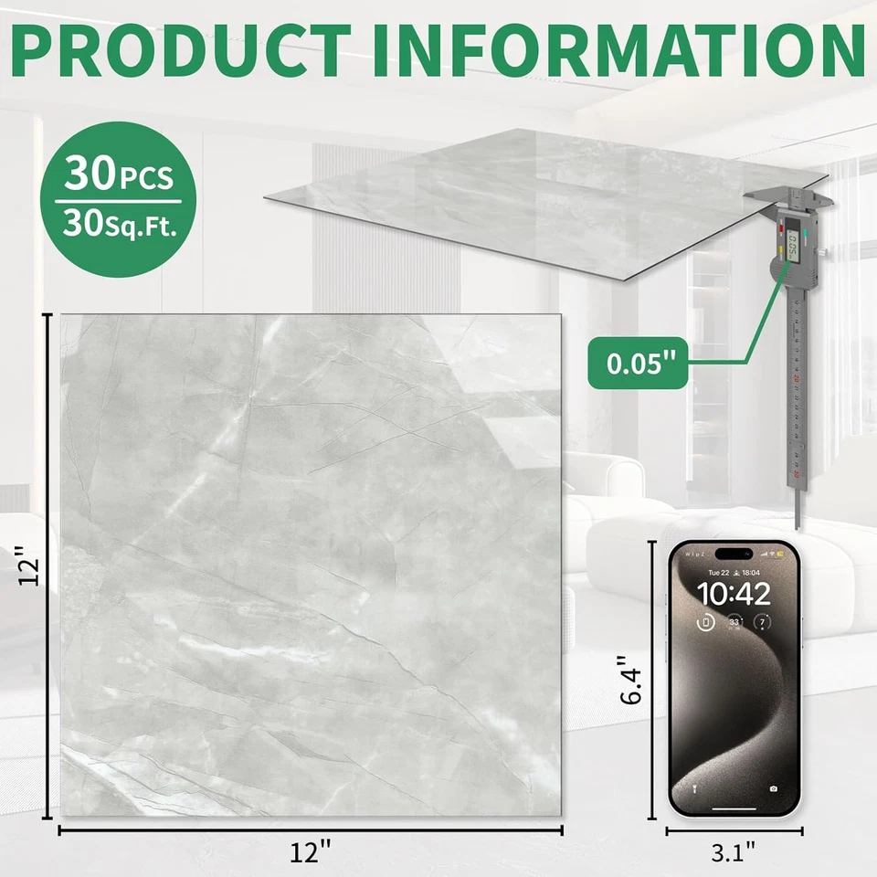 Paquete de 30 baldosas de piso peladas y pegadas piso de vinilo 12 X 12 pulgadas autoadhesivas Waterp Foto 4 de 4