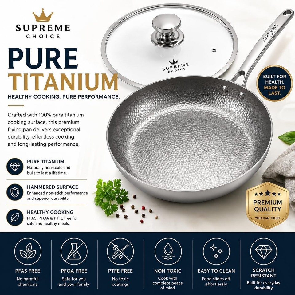 Pur Titanium Pure Titanium Frying Pan 12 Inch with Glass Lid PFAS Free Nonstick ...