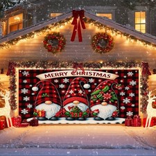 Christmas Garage Door Cover Decoration 13x6ft Gnome Plaid Banner Gnome Trio