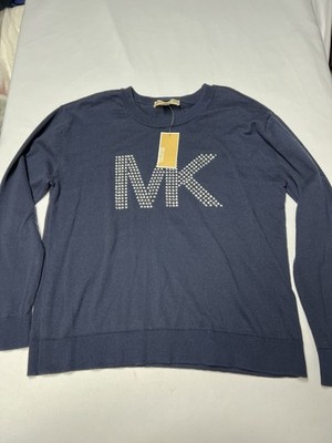 Michael Kors Womens Sweater Sweatshirt Top MK Logo Rhinestone Med Blue $125