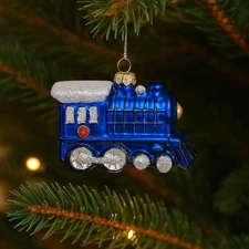Blue Retro Locomotive Glass Ornament Handmade Christmas Tree Decoration Train 4"