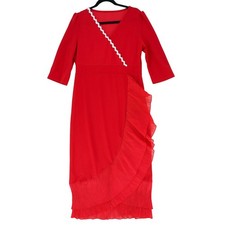Shein Red V-Neck Wrap Dress Pleated Ruffled Hem White Lace Embellishment