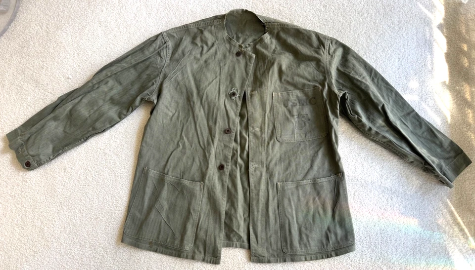 Vintage WW2 1940s USMC P-41 HBT Herringbone Marine Corps Shirt Jacket LARGE SIZE - Image 2 of 4